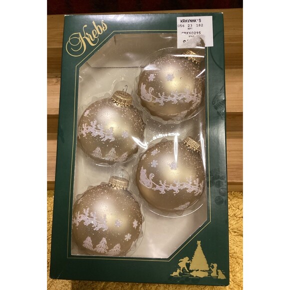 Krebs Glass Ornaments Cappuccino Velvet Balls With Christmas Eve Boxed Set Of 4 - Picture 1 of 8